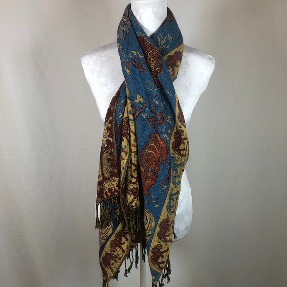 Vintage Wildlife Jacquard Pashmina-Style Shawl – Tigers, Elephants & Birds – Rev - Picture 12 of 16
